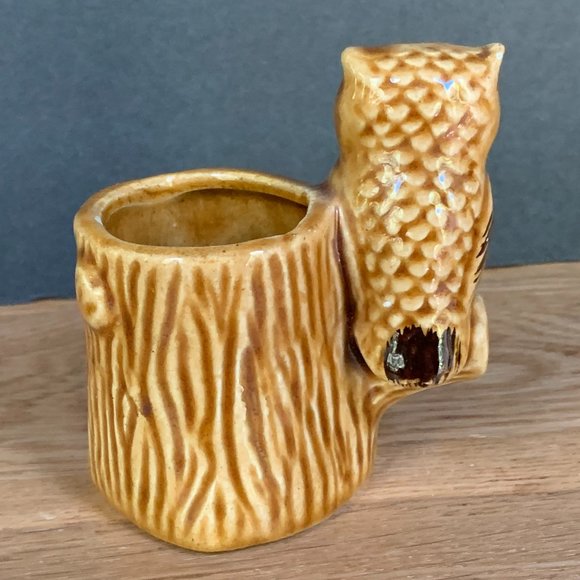 VTG Owl Toothpick Holder 70s Japan Tree Stump Ceramic Flowers Retro Boho Kitchen - Picture 8 of 10